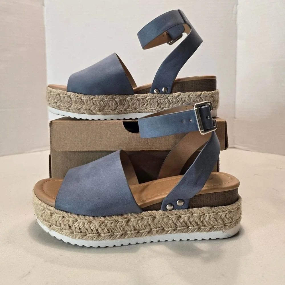 Soda Women Wedge Sandals Open Toe Ankle Strap Flatform Espadrilles Blue - 6 US